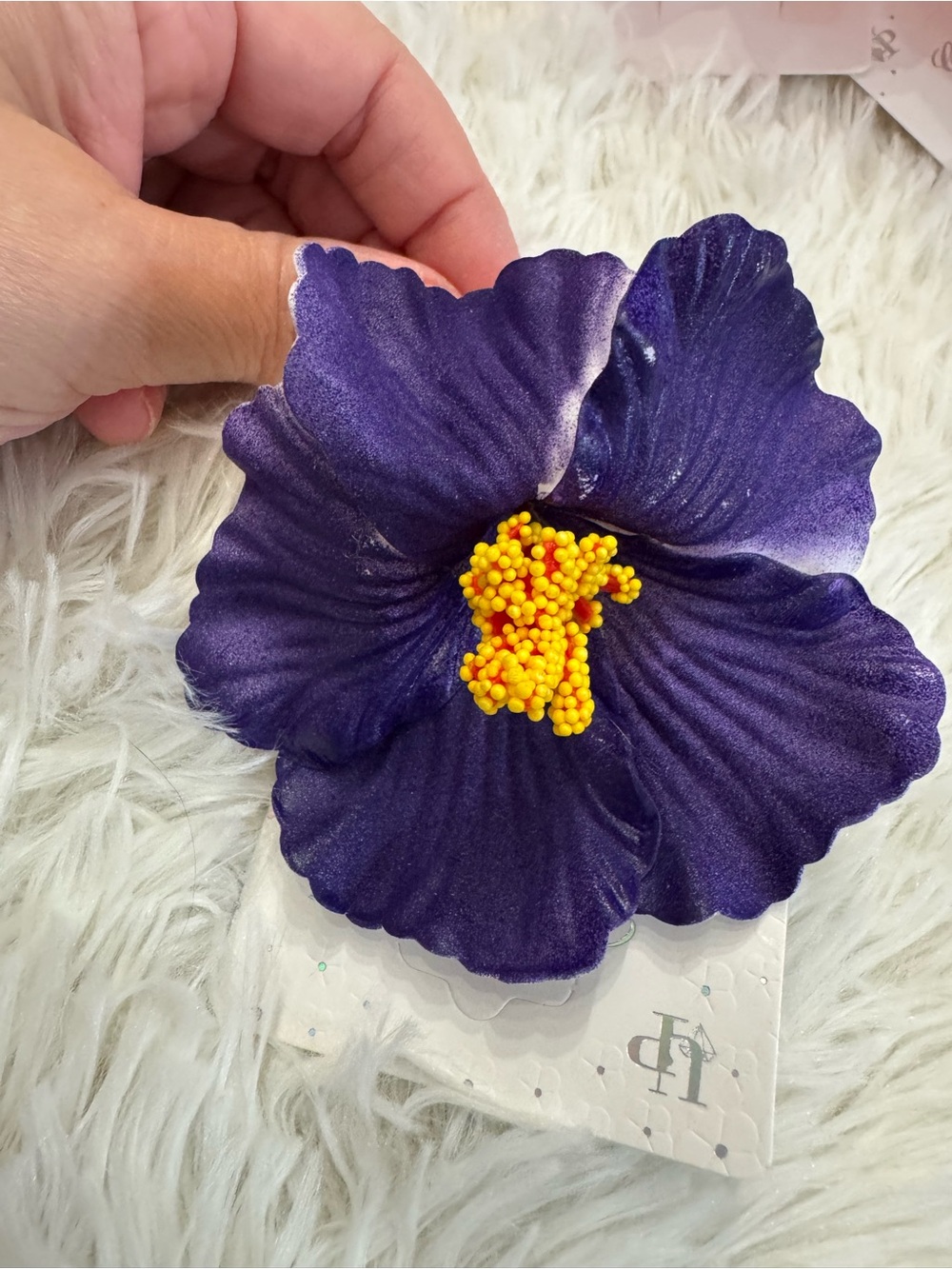 Purple Hibiscus tropical Flower Hair Clip with Yellow Center Hawaii
